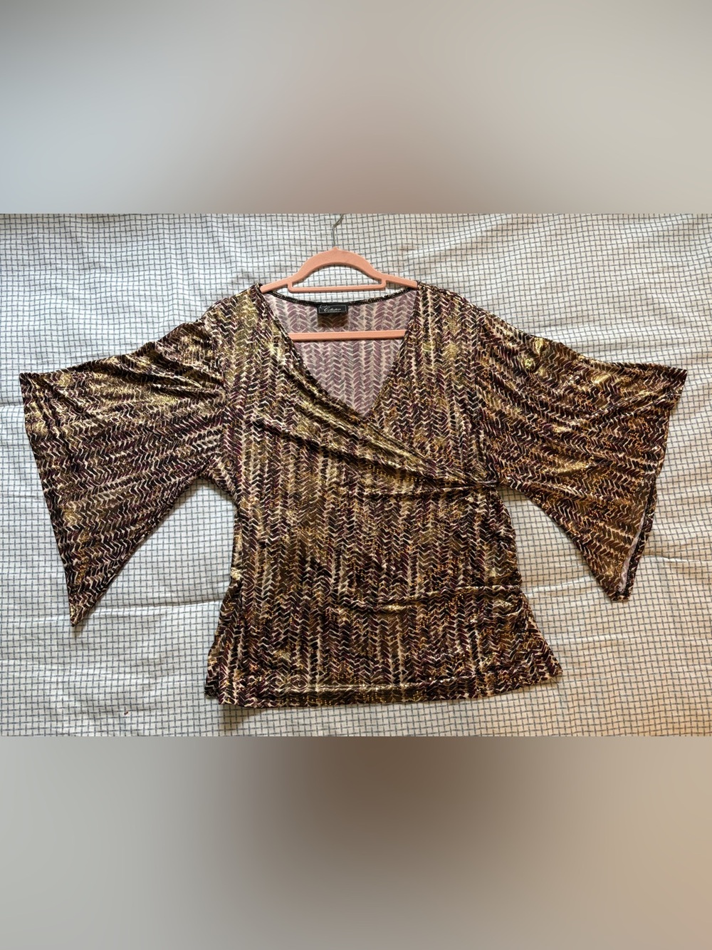✨✨ Dress Barn Brown & Gold Metallic-Print Wrap Blouse